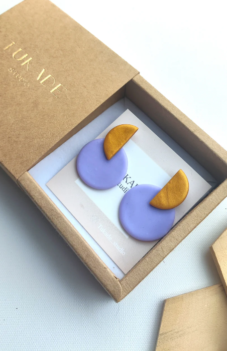 GRETA - Boucles d'oreilles cercle et demi-lune lilas et ocre doré