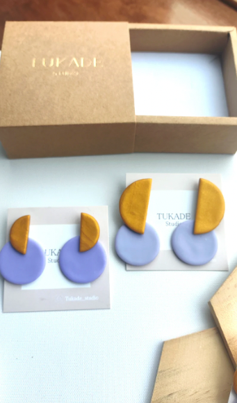 GRETA - Boucles d'oreilles cercle et demi-lune lilas et ocre doré